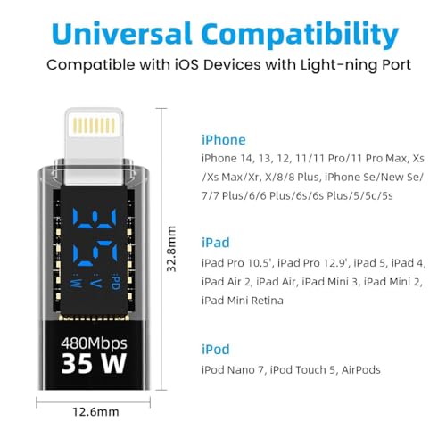 Verilux® USB C to Lightning Adapter with LED Display Support PD 35W Fast Charging 480Mbps Data Sync Real Time Power Universal Connector for iPhone iPad iPod 2PCS Verilux® USB C to Lightning Adapter with LED Display Support PD 35W Fast Charging 480Mbps Data Sync Real Time Power Universal Connector for iPhone iPad iPod 2PCS